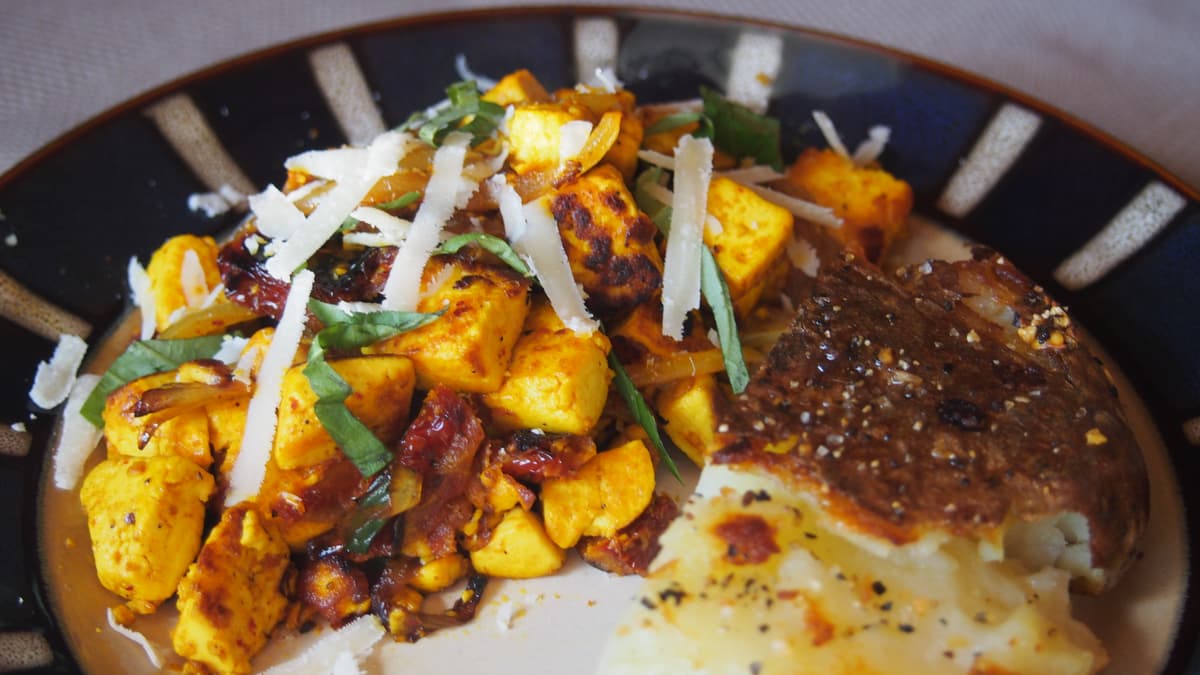 Tofu Scramble with Sun-Dried Tomatoes, Basil and Parmesan